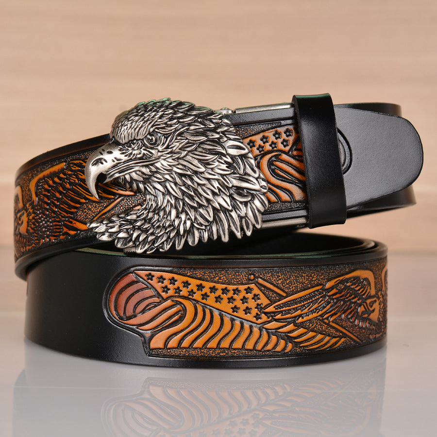 Men’s Cowhide Eagle Head Automatic Buckle Leather Belt Retro