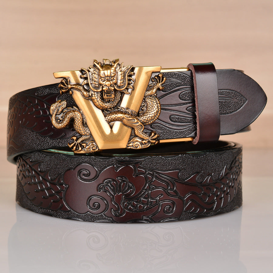 Men’s Cowhide V Dragon Automatic Buckle Casual Leather Belt