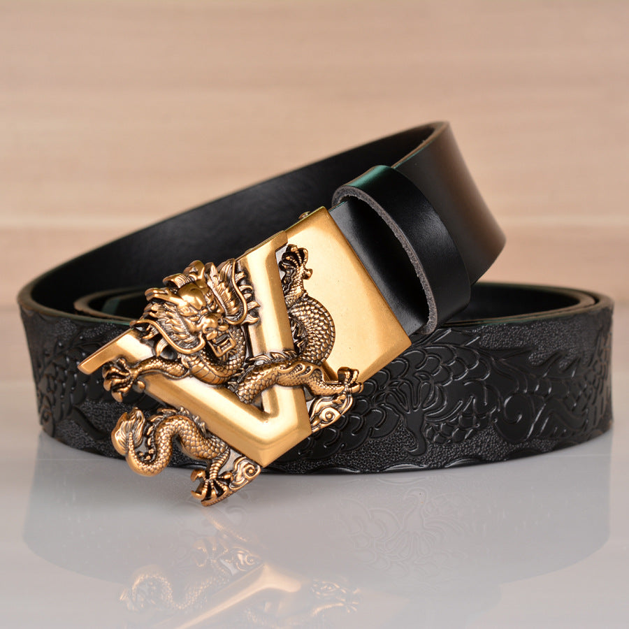 Men’s Cowhide V Dragon Automatic Buckle Casual Leather Belt