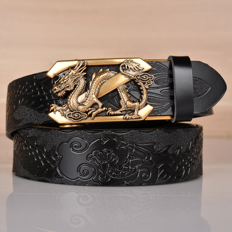 Men’s Cowhide Z Dragon Embossed Automatic Buckle Leather Belt