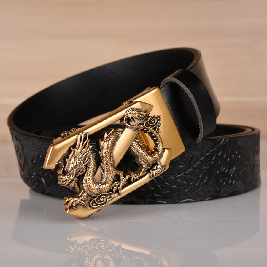 Men’s Cowhide Z Dragon Embossed Automatic Buckle Leather Belt