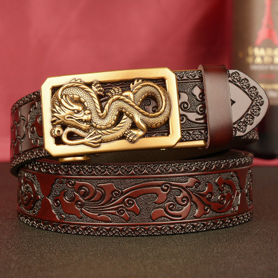 Men’s Cowhide Panlong Automatic Buckle Leather Belt Casual