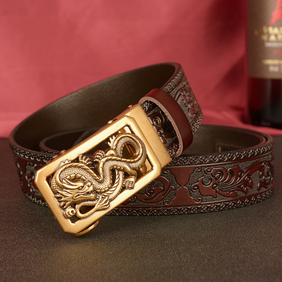 Men’s Cowhide Panlong Automatic Buckle Leather Belt Casual