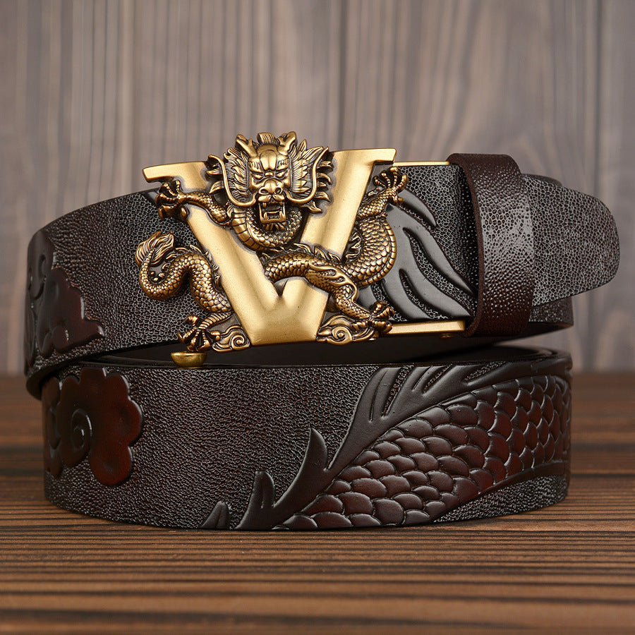 Men’s Cowhide Flying Dragon Automatic Buckle Leather Belt Casual