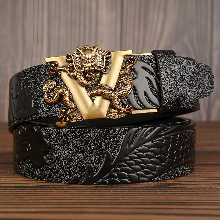 Men’s Cowhide Flying Dragon Automatic Buckle Leather Belt Casual