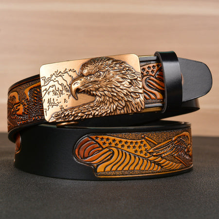 Men’s Cowhide Eagle Wings Automatic Buckle Leather Belt Casual