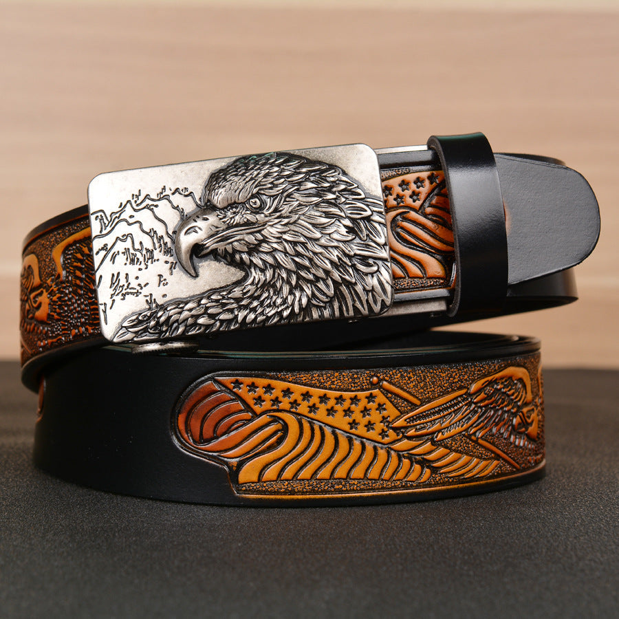 Men’s Cowhide Eagle Wings Automatic Buckle Leather Belt Casual