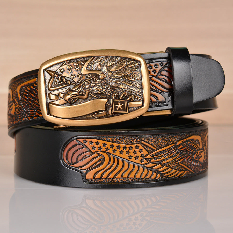 Men’s Cowhide Eagle Pattern Automatic Buckle Leather Belt Casual
