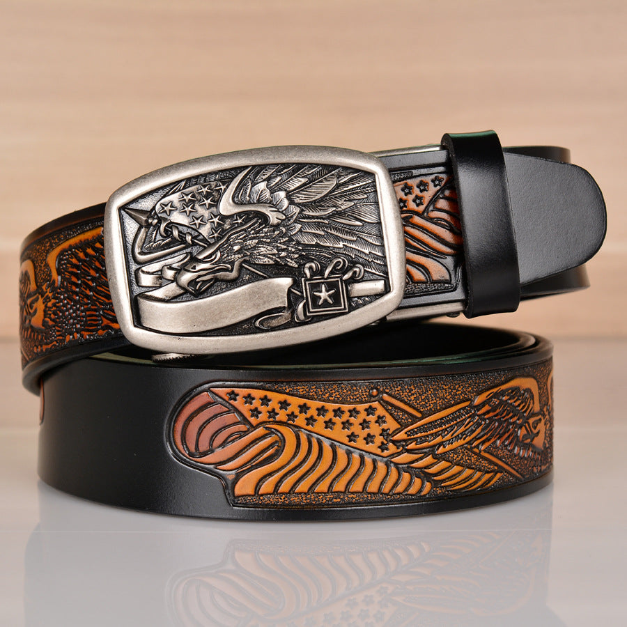 Men’s Cowhide Eagle Pattern Automatic Buckle Leather Belt Casual
