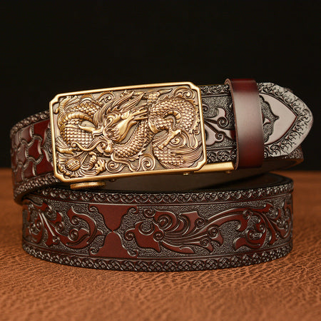Men’s Cowhide Dragon Bead Automatic Buckle Leather Belt Casual