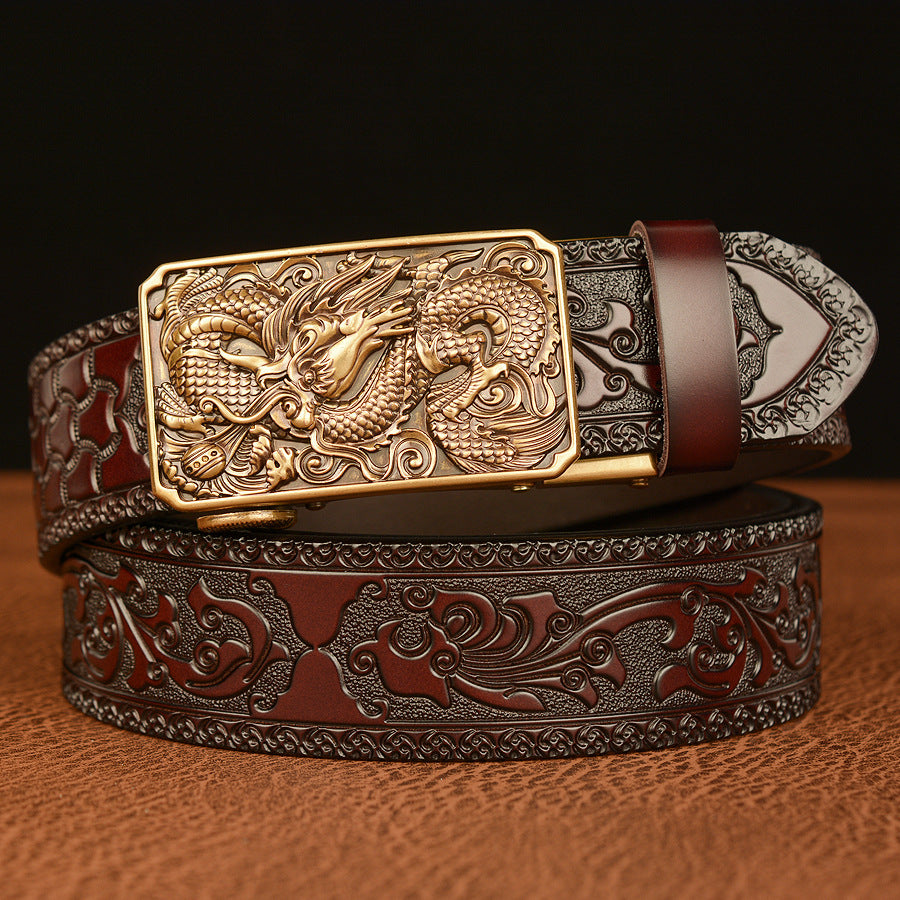 Men’s Cowhide Dragon Bead Automatic Buckle Leather Belt Casual