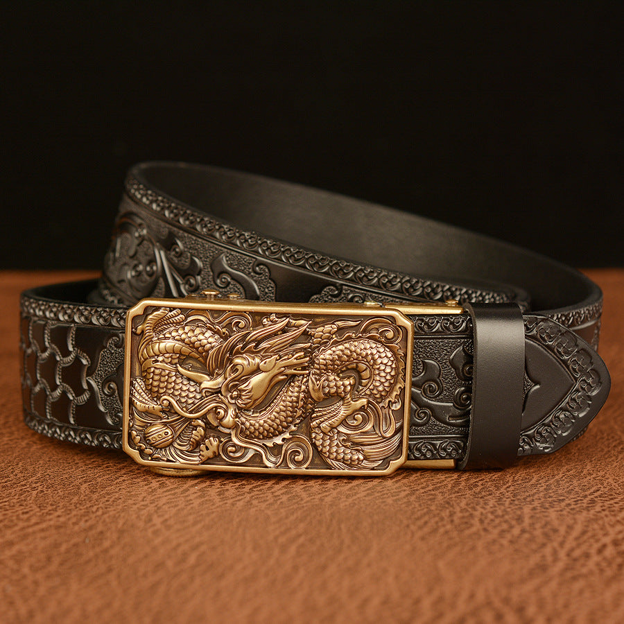 Men’s Cowhide Dragon Bead Automatic Buckle Leather Belt Casual