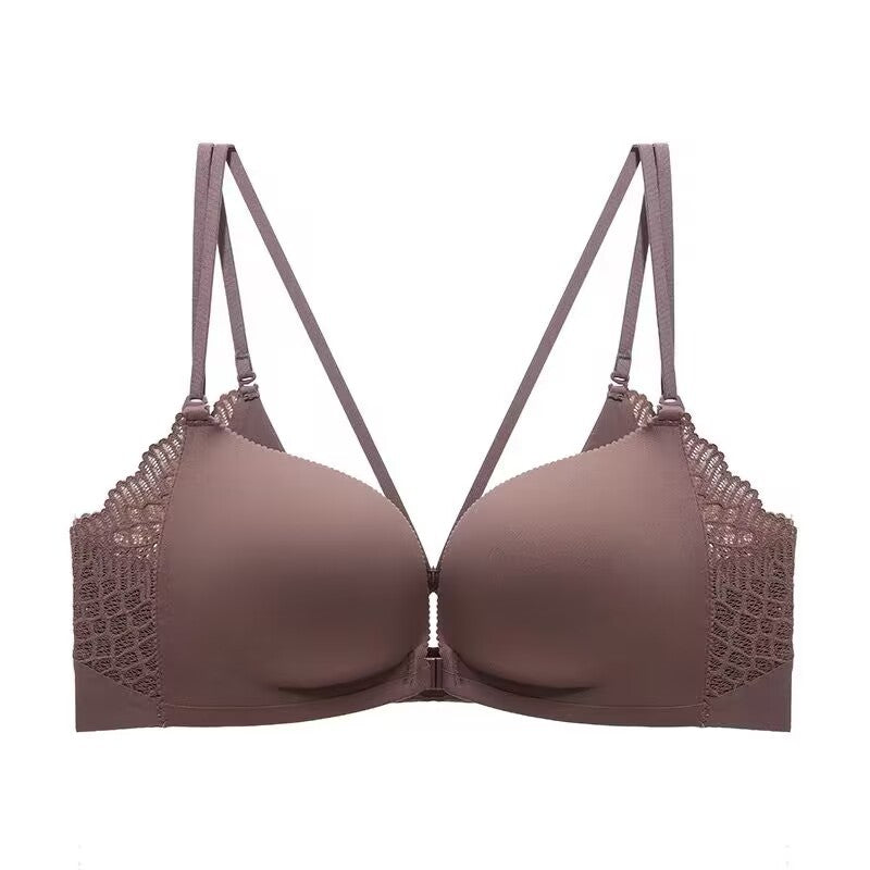 Black seamless front closure push up bra set with elegant strap detail