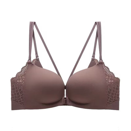 Black seamless front closure push up bra set with elegant strap detail