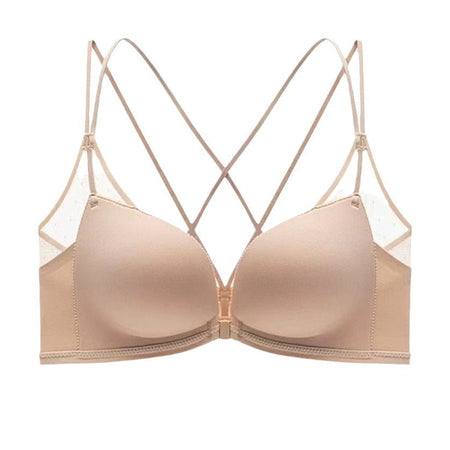 Coffee seamless front buckle push up bra with cross back detail