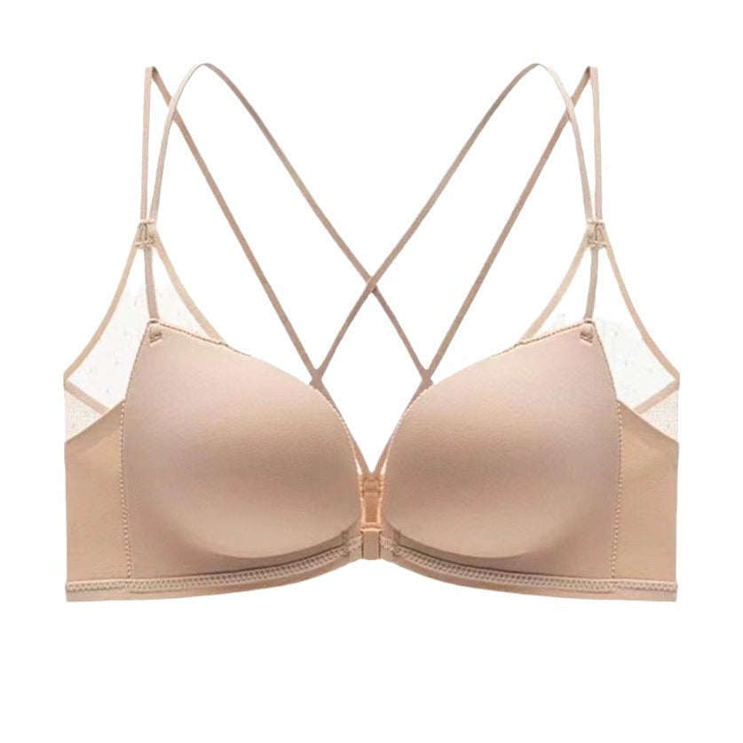 Coffee seamless front buckle push up bra with cross back detail