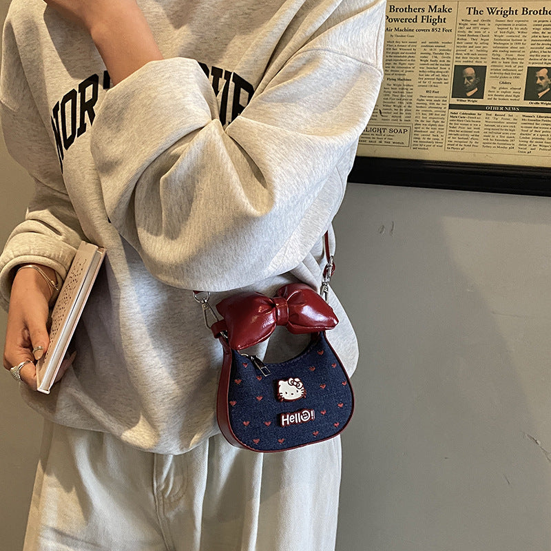 Children’s Cotton Bow Cat Heart Embroidered Crossbody Handbag