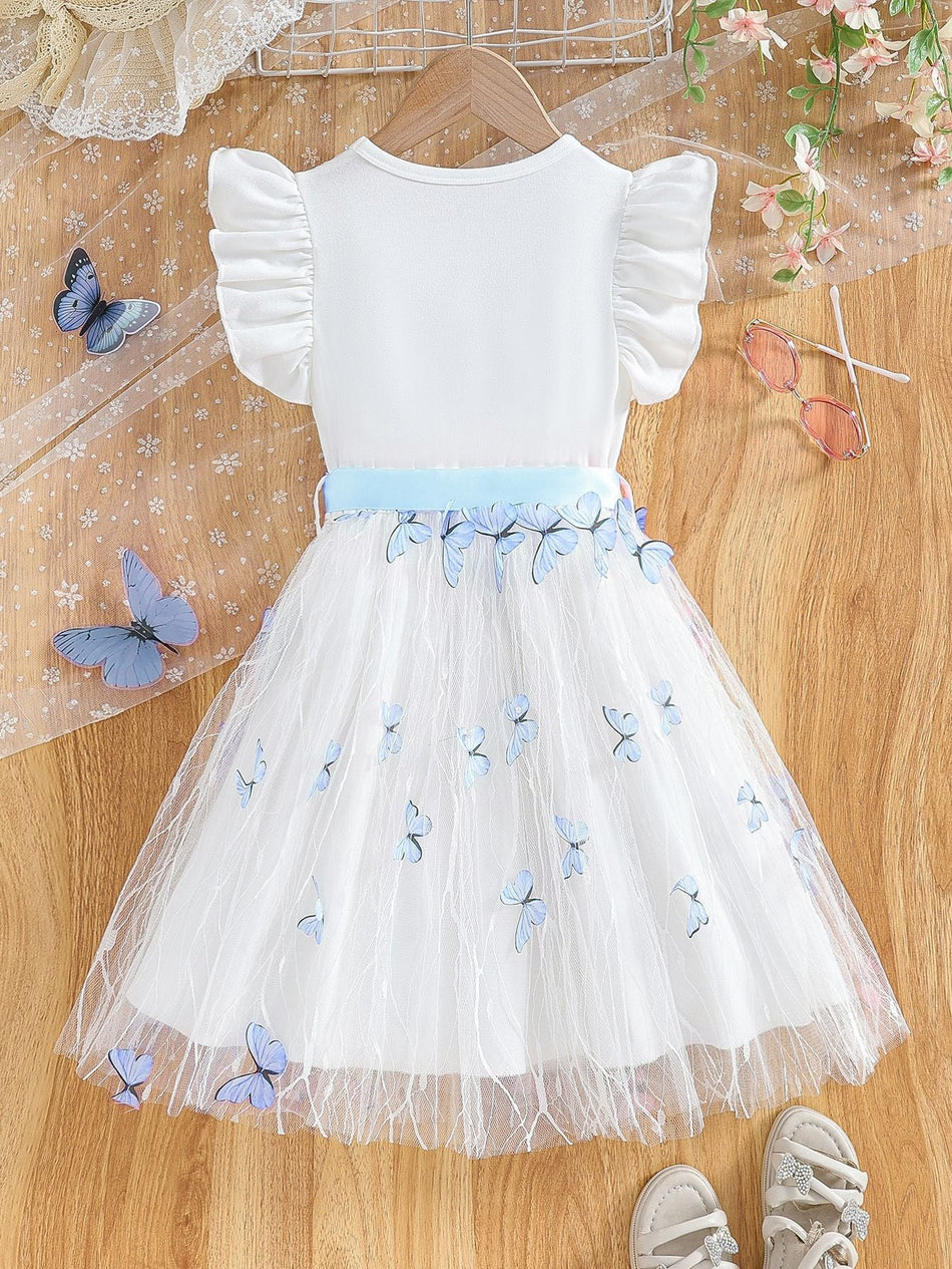 Children’s Butterfly Print Flying Sleeve A-Line Dress for Girls
