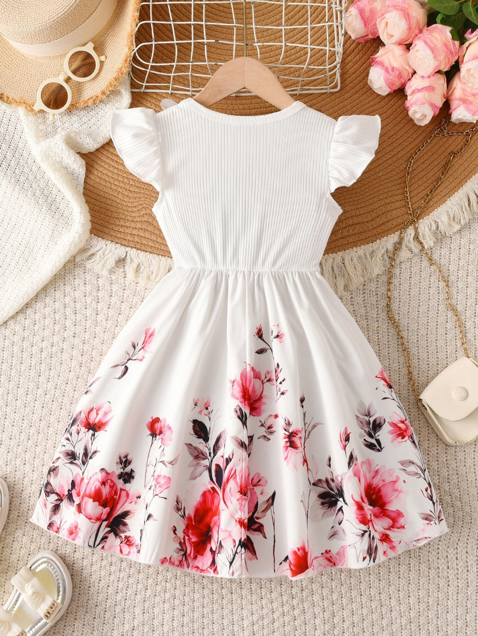 Children’s White Floral Flying Sleeve A-Line Dress for Girls