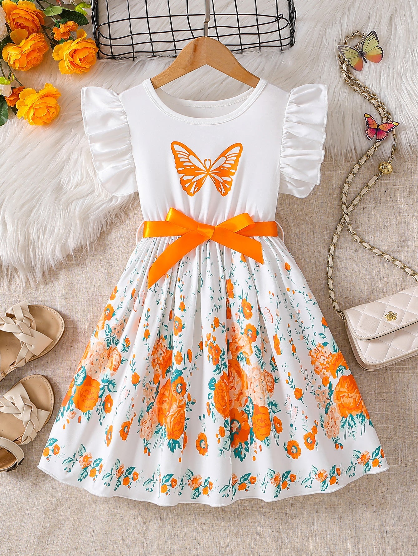 Orange girls princess summer dress for casual and seasonal wear