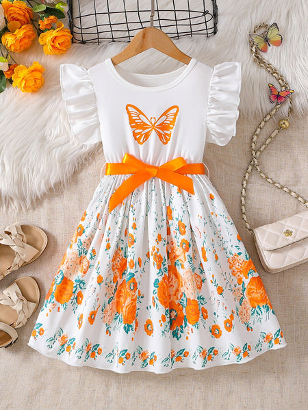 Orange girls princess summer dress for casual and seasonal wear
