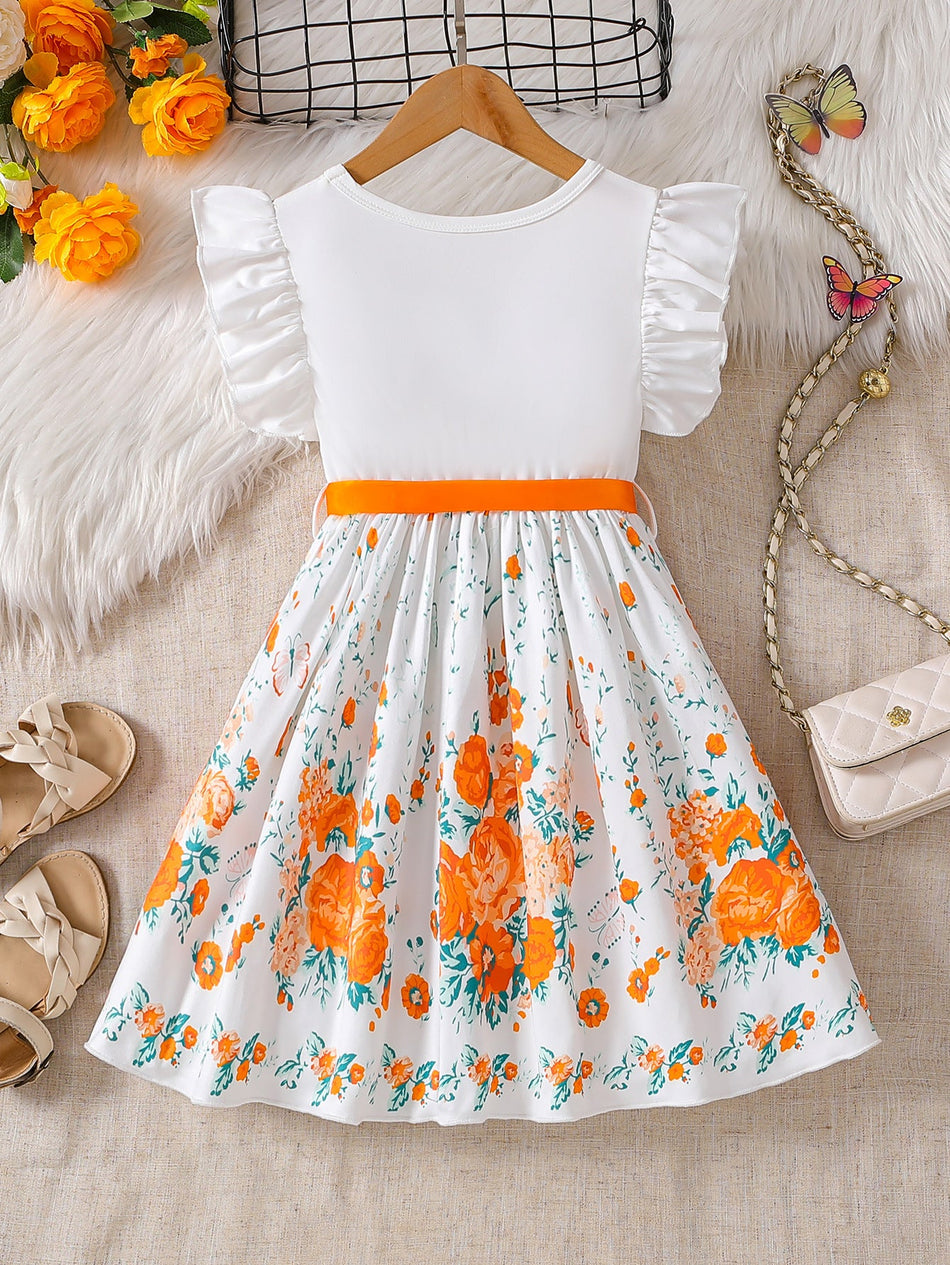 Children’s Orange Butterfly Print Flying Sleeve A-Line Dress for