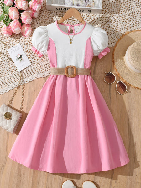 Girls elegant puff sleeve princess summer dress in lightweight polyester