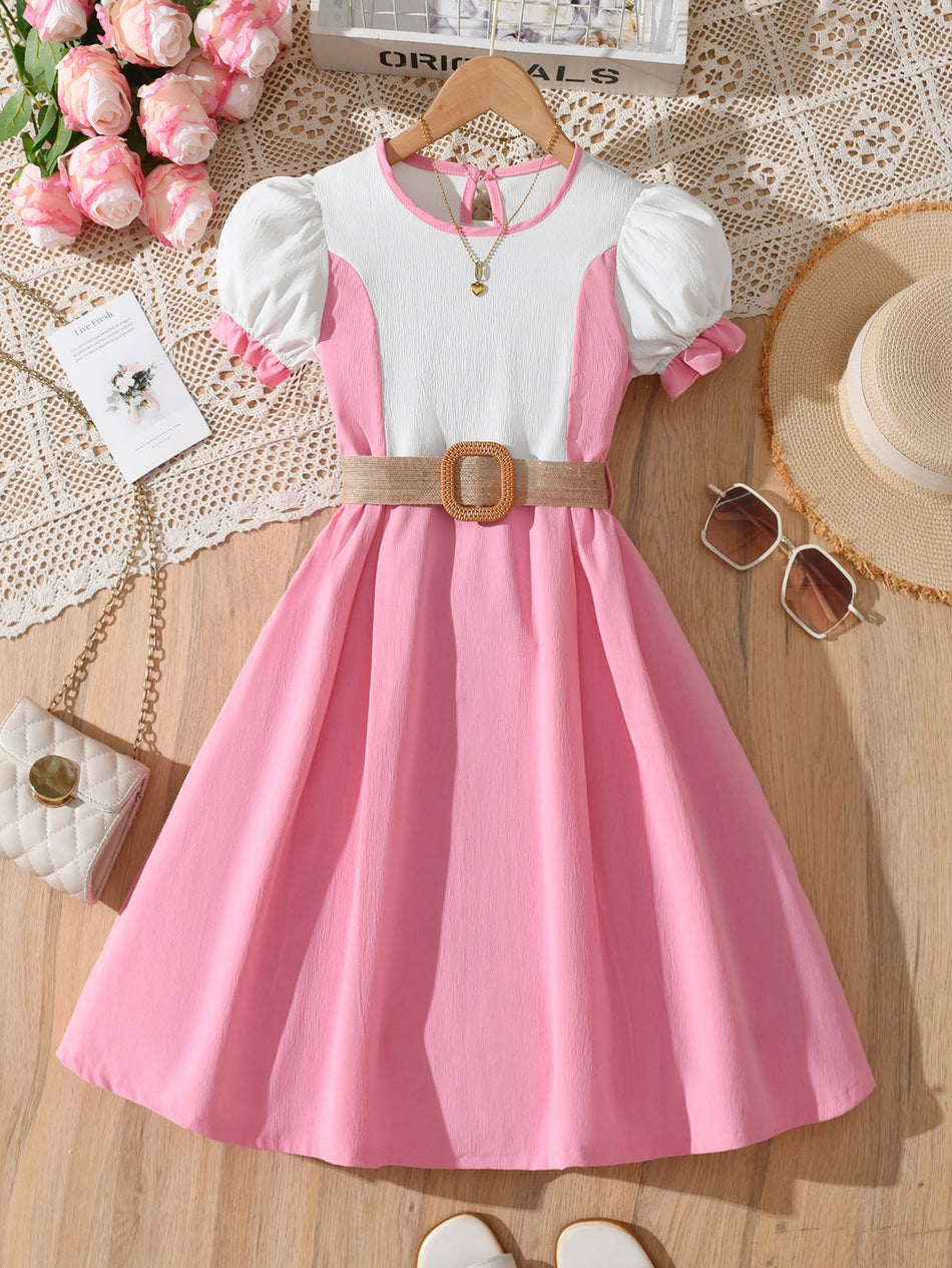 Girls elegant puff sleeve princess summer dress in lightweight polyester