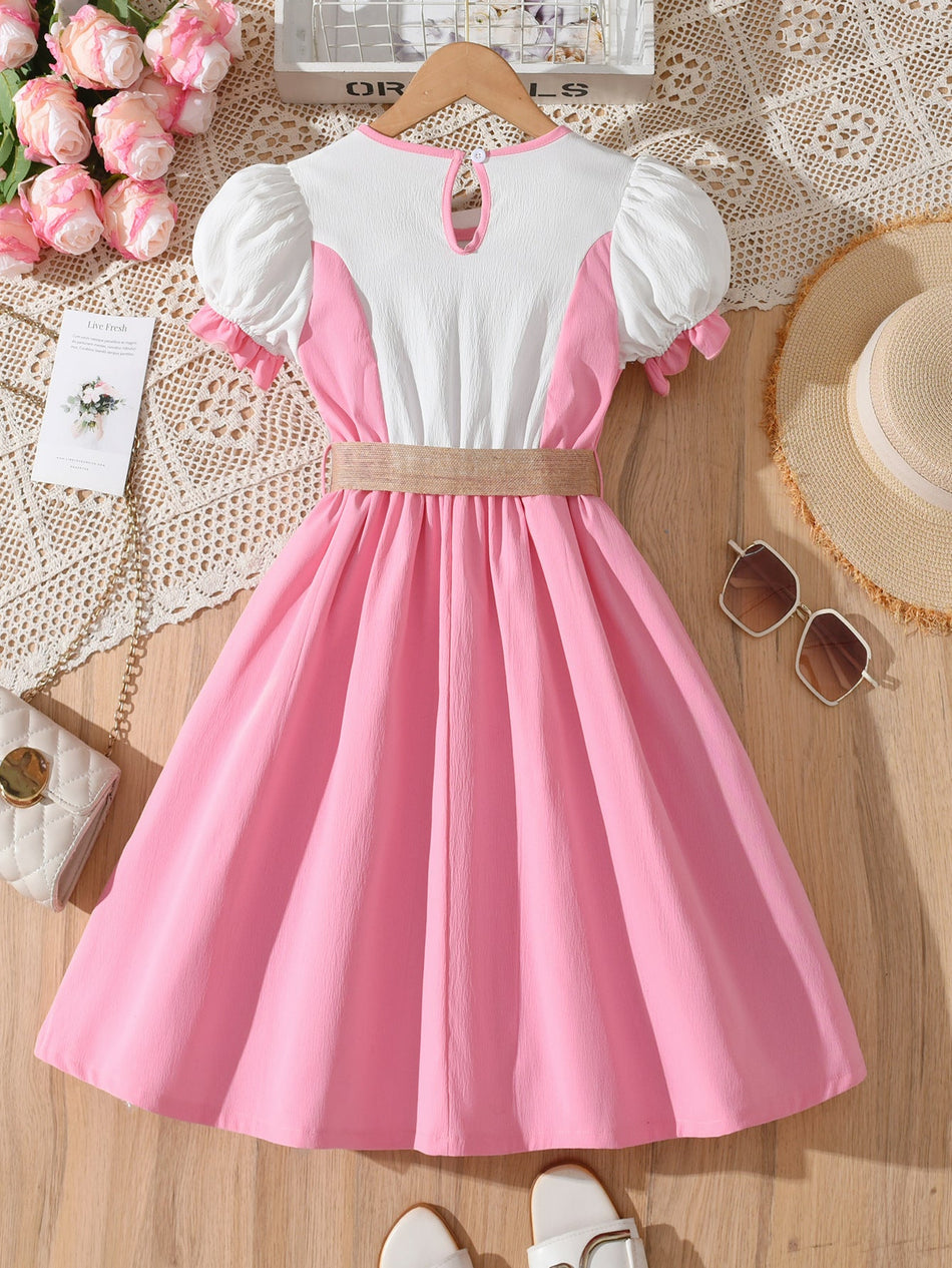 Children’s Pink White Color-Block Puff Sleeve A-Line Dress for