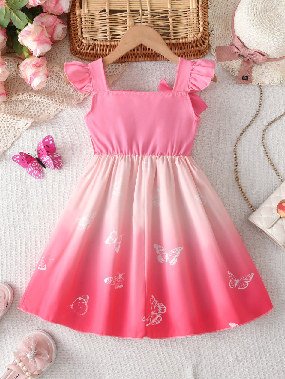 Children’s Gradient Flutter Sleeve Bow A-Line Dress for Girls