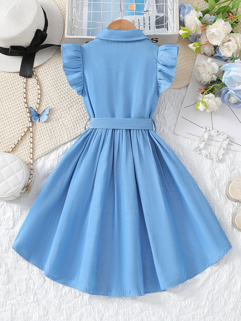Children’s Denim Style Flying Sleeve Bow A-Line Dress for Girls