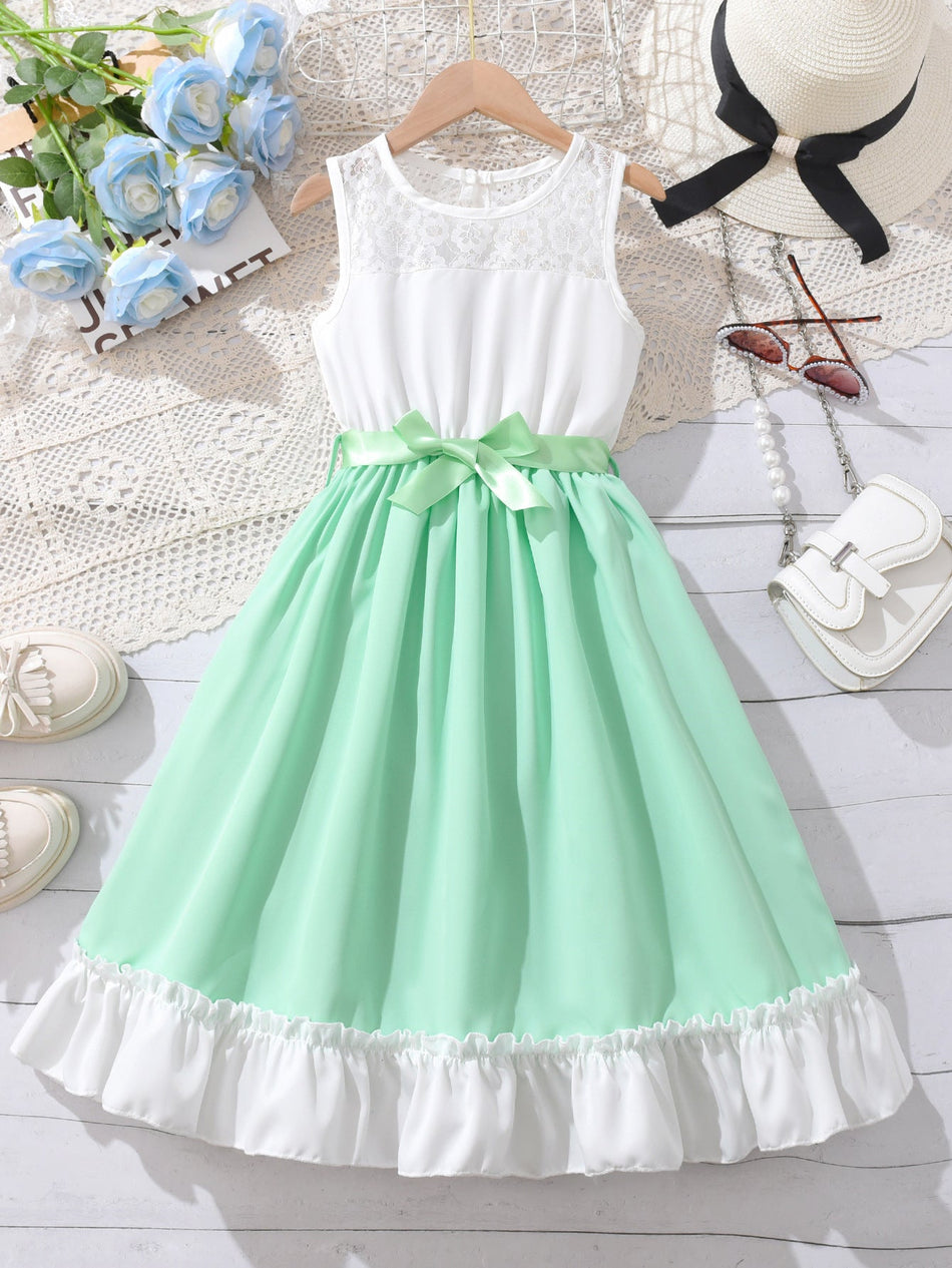 Children’s Sleeveless Pink A-Line Ruffle Hem Dress for Girls