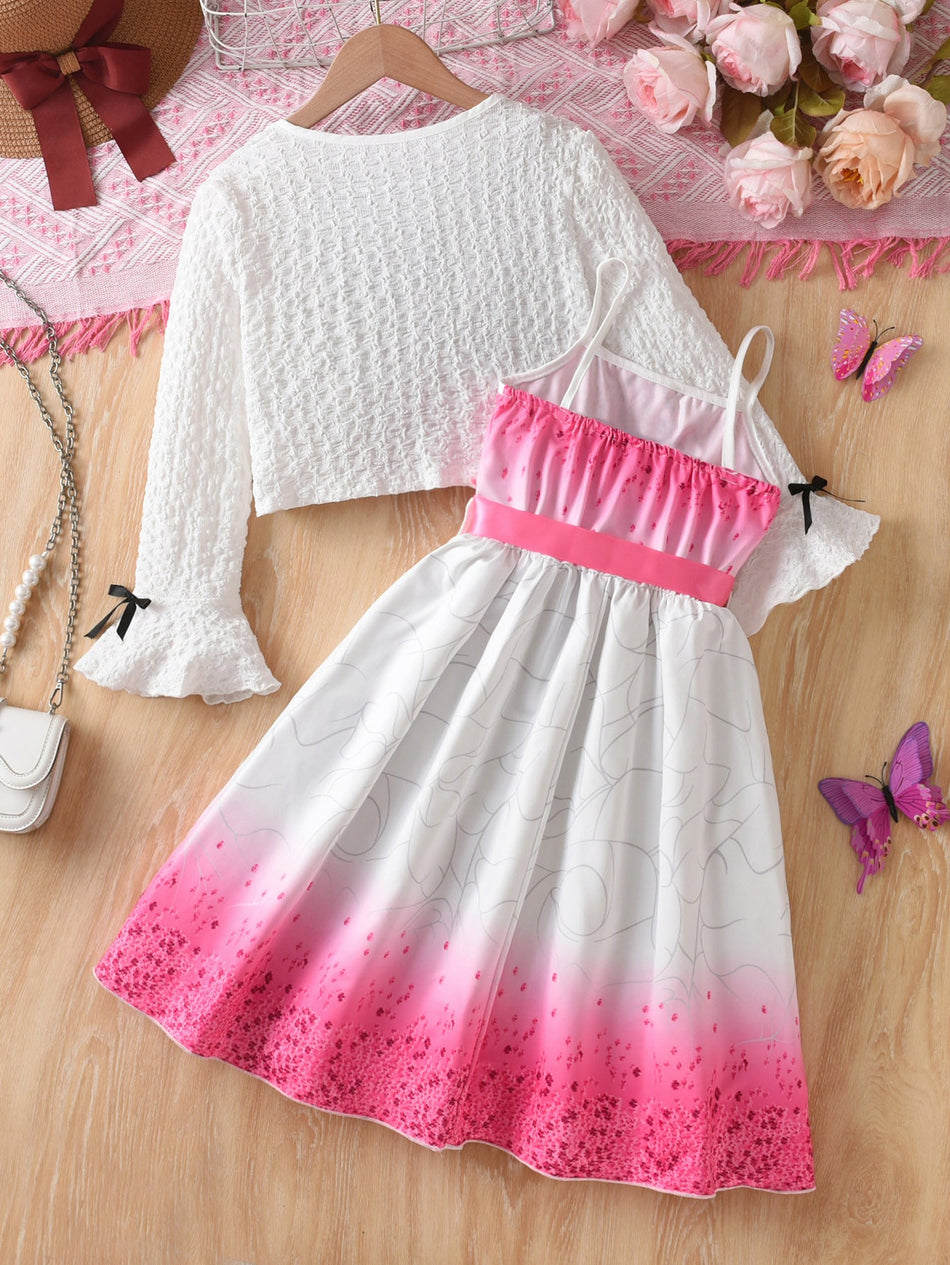 Children’s Pink Bow Butterfly Print Two-Piece Dress Set for Girls