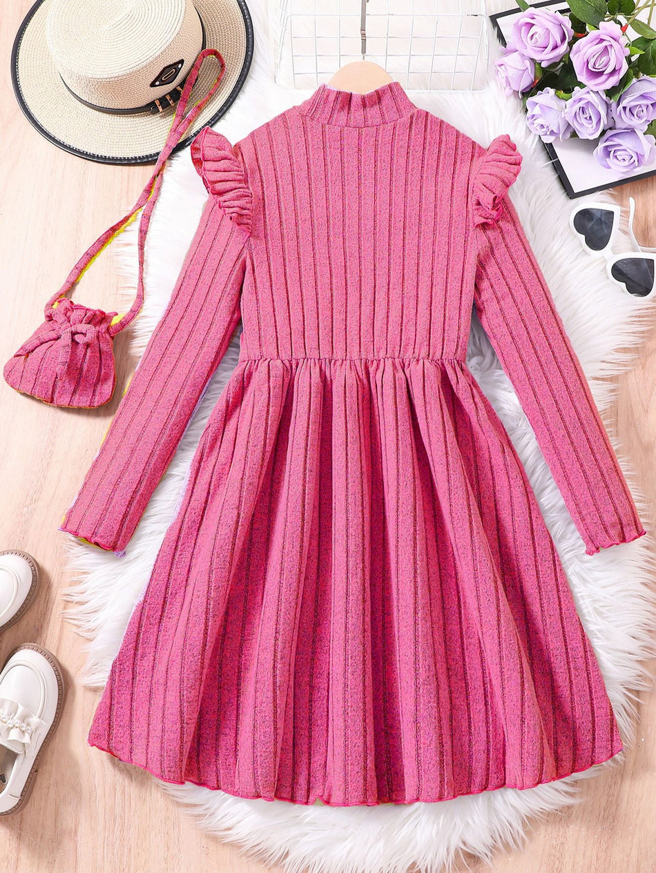 Children’s Peach Pink Knitted A-Line Dress with Crossbody Bag