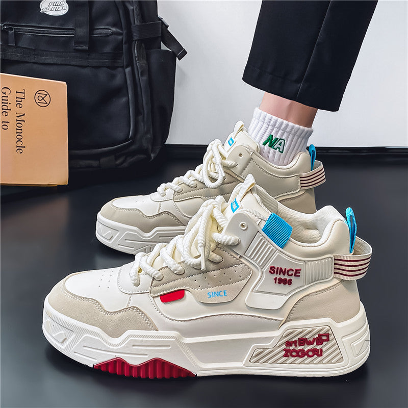 Men’s Leather High-Top Thick-Soled White Casual Sneakers