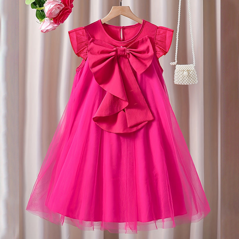 Girls pink back bow princess mid-length summer dress with flowing silhouette