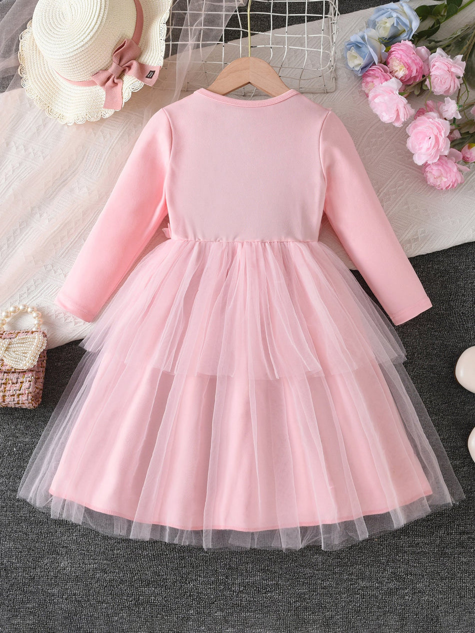 Girls Pink Bow Princess Tutu Dress Long Sleeve Gauze Skirt