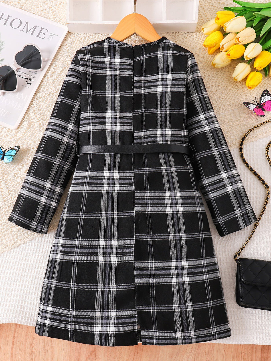 Girls Black White Plaid Belted A-Line Long Sleeve Dress
