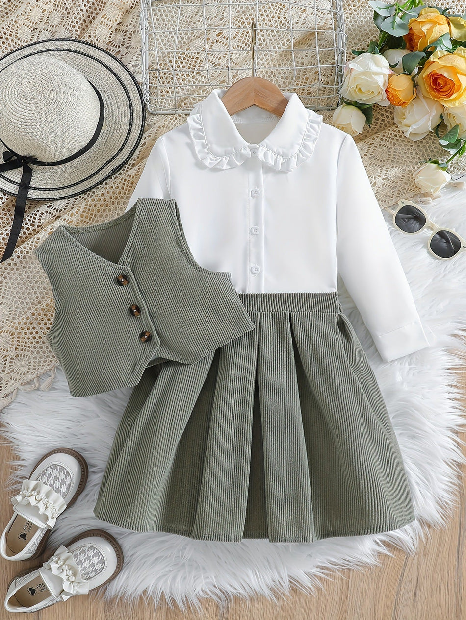 Girls Doll Collar Shirt Corduroy Vest Skirt 3-Piece Set