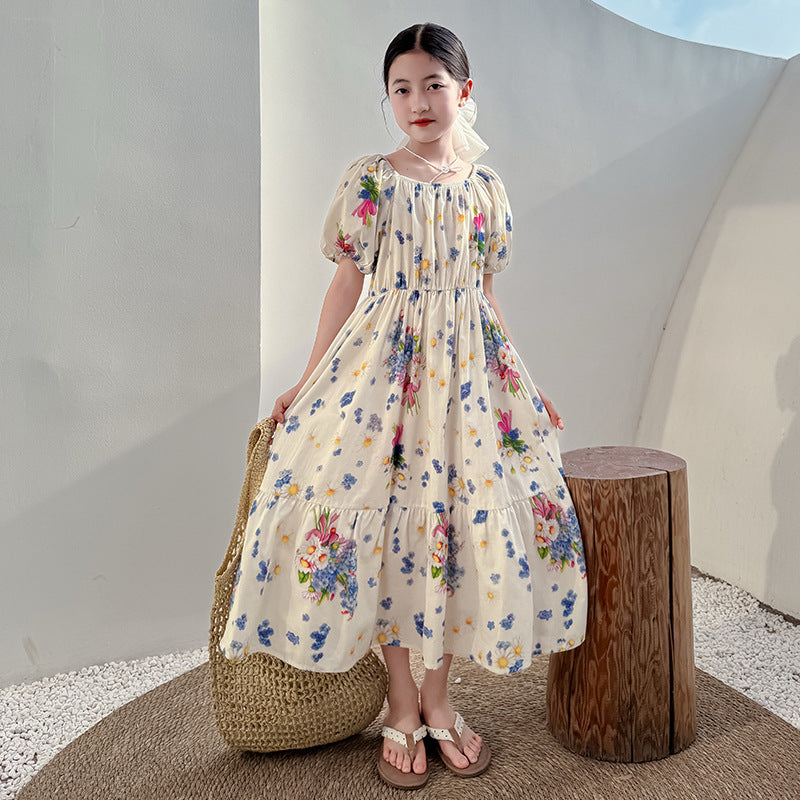 Girls Floral Cotton Princess Dress Short Sleeve Waist Maxi Skirt