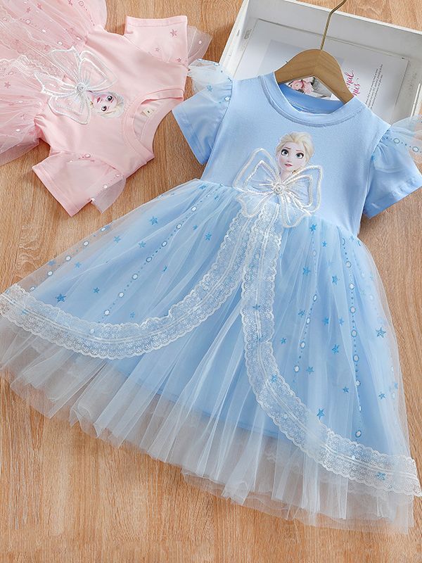 Blue girls princess summer dress for casual and seasonal wear