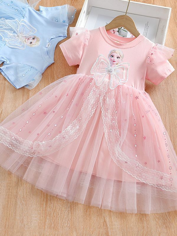 Girls Elsa Princess Dress Short Sleeve Puffy Gauze Skirt