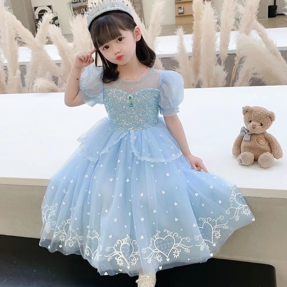 Blue girls mesh princess summer dress with pink sunflower print and puffy skirt