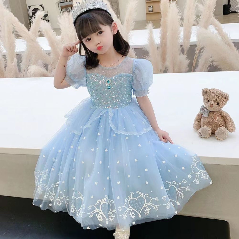 Blue girls mesh princess summer dress with pink sunflower print and puffy skirt