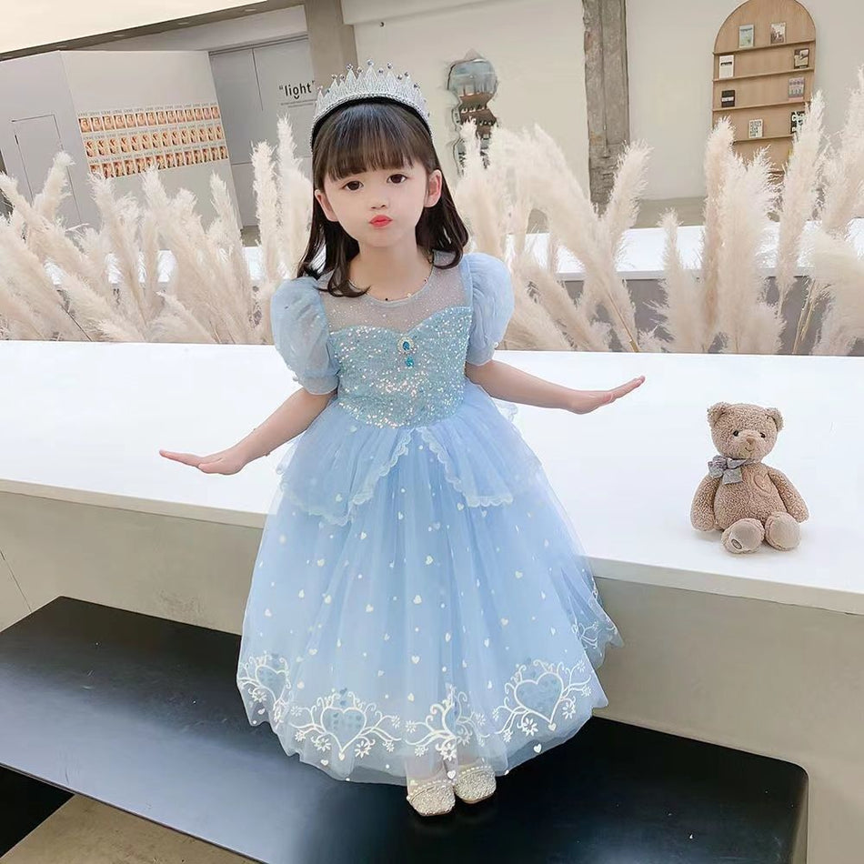 Girls Elsa Princess Mesh Dress Short Sleeve Summer Party Gown