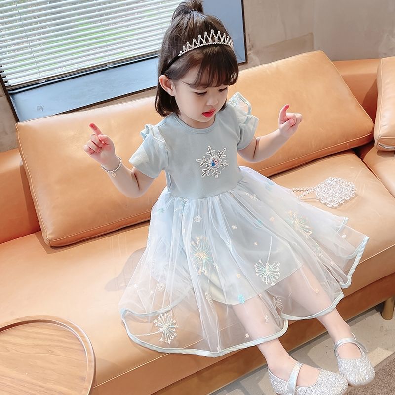 Blue girls mesh princess summer dress with pink sunflower print and puffy skirt