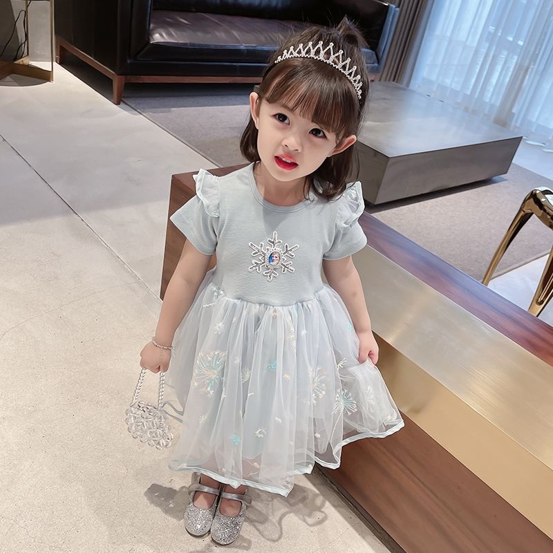 Girls Elsa Princess Short Sleeve Summer Mesh Dress Kids Dress
