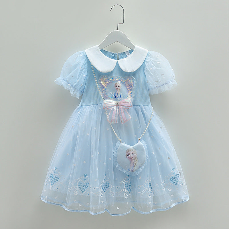 Girls Elsa Princess Short Sleeve Summer Dress Kids Party Gown