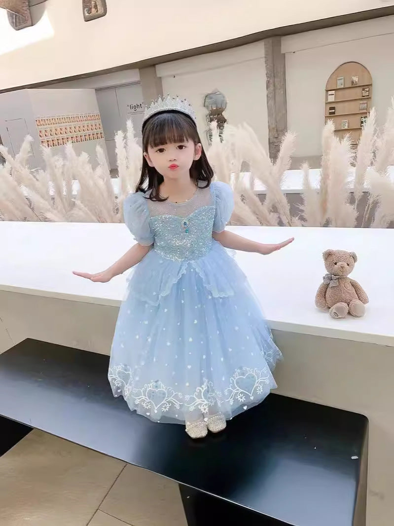 Girls Elsa Princess Short Sleeve Frozen Birthday Dress Summer