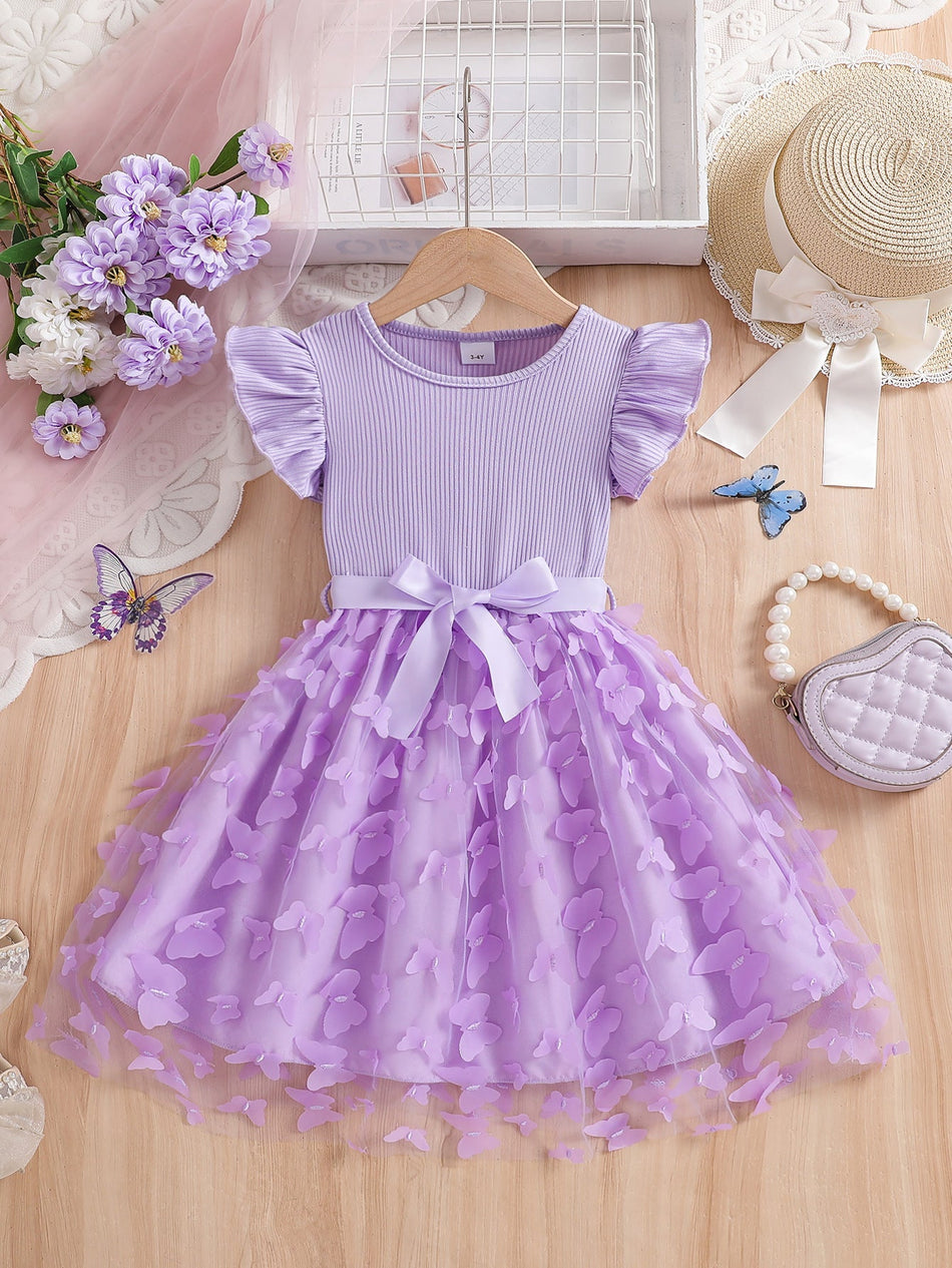 Girls Butterfly Mesh Princess Dress Flutter Sleeve Summer Gown